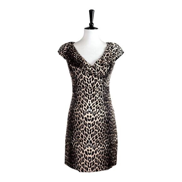 Kay Unger Sheath Dress Ruffle V-neck Party Silk Leopard Print Women's Size 4 - Picture 1 of 14